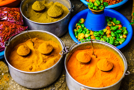 Spices in Market in Oaxaca. Market selling grains and spices in Oaxaca, Mexicoの写真素材