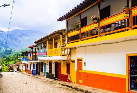 Colonial buildings in the street of Jardin, Colombiaの写真素材