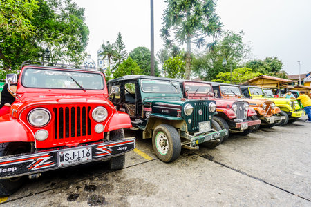 Willy jeeps in the village of Finlandia next to the valley of Salento in Colombia on 23th March 2019