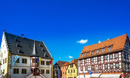 View on Market Square of small town Volkach in lower Frankonia, Germanyの写真素材