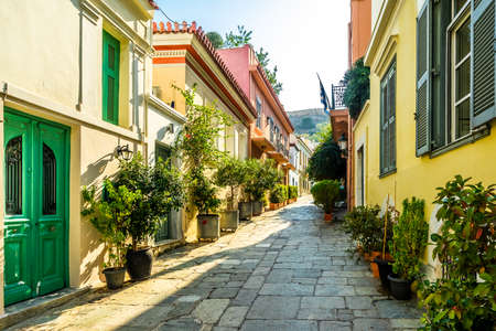 Buildings in the district of Plaka in Athens by the Acropolisの写真素材