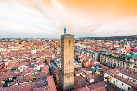 Aerial view of Bologna Cathedral and towers above of the roofs of Old Town in medieval city Bologna. High quality photoの写真素材