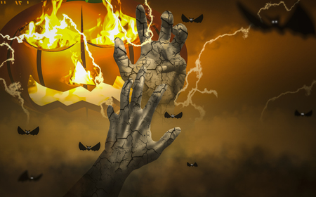 Halloween night scare hazy, haunted atmosphere, with zombie hands, Protruding from tomb in cemetery,  sky background with flying bats and lightning bolts, (manipulation and mix media)の写真素材