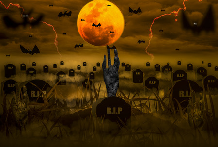 Halloween Horror Moon is full of horror. On the day of the zombie ghost release, zombie  hands emerges from grave in a tomb filled with fog and haze,  sky with lightning.And full of bats (photo manipulation and mixmedia)の写真素材