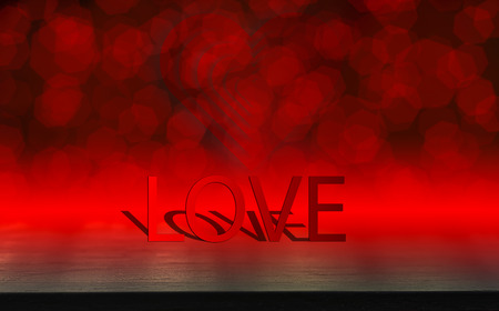 Text love concept, black wood table, Valentines day, and love red shape heart with bokeh background, empty for text and placing products with copy space.の写真素材