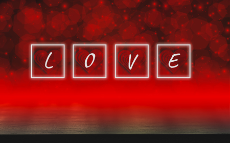 Text love concept, black wood table, Valentines day, and love red shape heart with bokeh background, empty for text and placing products with copy space.の写真素材