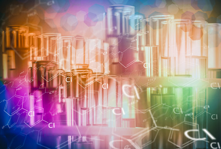 Glass tubes for laboratory experiments and research, containing colorful liquids and icon, molecular separation concepts for the development of cosmetics and everyday chemicals for consumersの写真素材
