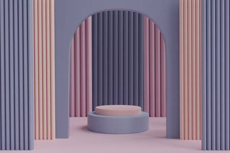 Abstract geometry cylinder shape, podium or pedestal pastel color podium, sophisticated pattern background, mockup product cosmetic show, marketing present stage, product display present 3d render.の写真素材