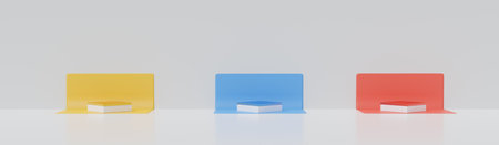 3D render illustration geometric minimal contemporary concept,cube set abstract 3D podium,pedestal, pink, yellow, blue, on background and mock up design,empty space, product show display, advertisingの写真素材