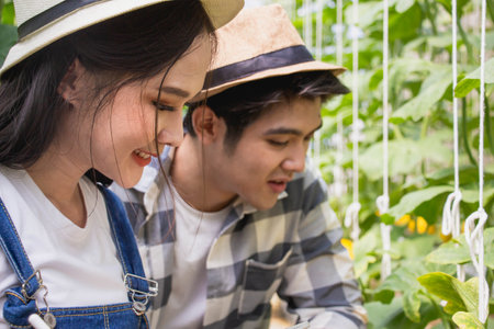 Young asian smart farmers and entrepreneurs in garden, happy and smiling, tablet checking quality, recording science analyzing data melon product in greenhouses, record growth and biological.の写真素材