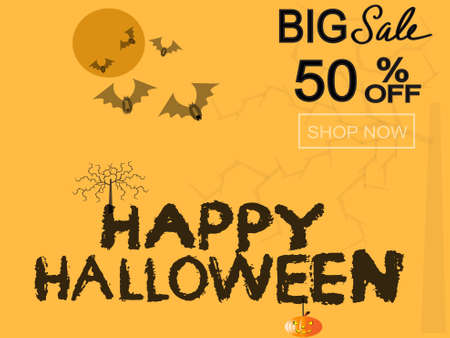 decoration ornament happy halloween holiday festival party black background orange yellow font lettering poster banner creative graphic design for advertisement special offer sale on october monthのイラスト素材
