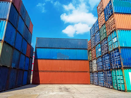 Warehouse storage terminal container red blue sky color background cargo logistic import export...