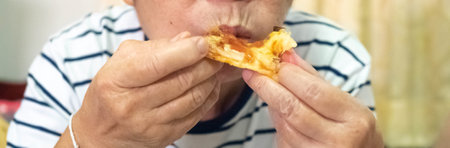 Hand finger pick junkfood pizza pepperoni italian cuisine delicious fesh snack homemade delivery...