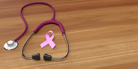 Breast cancer awareness ribbon pink color stethoscope on table wooden symbol healthy help disease hope woman female charity care campaign october month medical health care emblem flight treatmentの写真素材