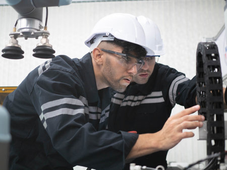 Two person staff engineer white hardhat helmet safety wear glasses cheerful talk speak discussion...
