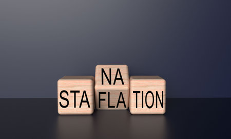 Cube block wooden oak staflation and stanation font text calligraphy symbol business recession money...