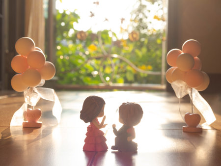 doll cartoon character man woman boy girl balloon symbol romantic happy valentine 14 fourteen february wedding celebration festival love heart honeymoon icon children kiss marriage conceptの写真素材