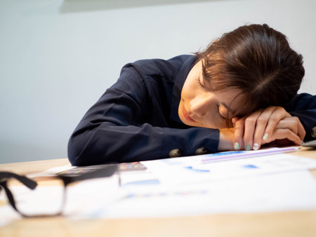 <p>businesswoman manager lady girl female hard work job occupation paper office company tired exhausted over problem worry serious unhappy anxiety sad failure asleep emotional stress sad lazy pain bored&nbsp;</p>の写真素材