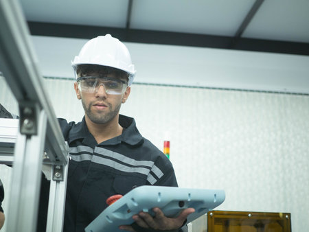 Man person white hardhat helmet safety uniform factory labor staff employee people boss manager work...