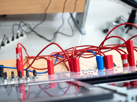 Red blue black white color cable jack equipment electronic audio plug electric technology wire metal input connection tool stereo speaker video radio industry cord object amplifierの写真素材