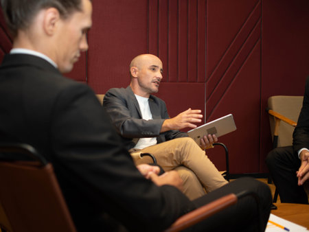 businessman male person sitting talk speak discussion meeting businesswoman group teamwork colleague...