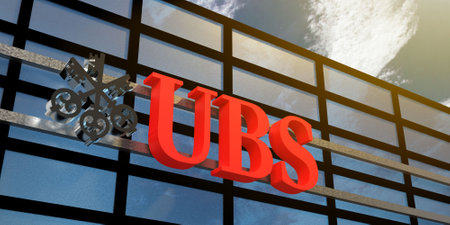 Bangkok-Thailand-Mar 19 2023 : UBS Group logo window company building economy business loan wealth financial marketing investment management brand banking switzerland swiss money sのeditorial素材