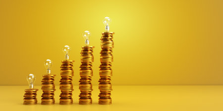 coin golden yellow orange color step growth up lamp lightbulb energy power copy space symbol...
