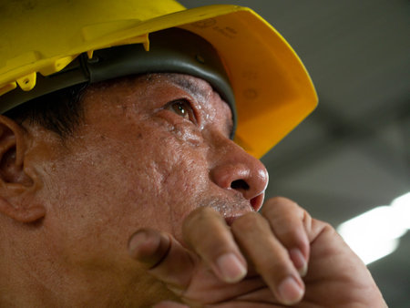 Man male person people focus face eye candid photo labor staff employee yellow hardhat safety work job career occupation look up factory talkie walkie safety engineer manufacturingの写真素材