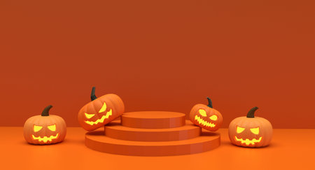 pumpkin orange yellow color happy halloween 31 thirty one october month funny enjoy horror party celebration festival autumn ghost podium stand presentation lantern glowing light dの写真素材