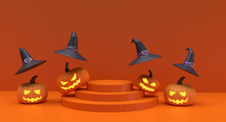Pumpkin orange color podium hat violet purple pumpkin horror evil october autumn ghost autumn podium stand scene scary lantern happy glowing trick of treat jack spooky sale concept product mock upの写真素材