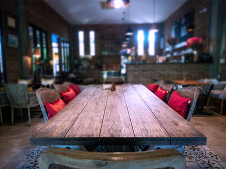 Table desk oak wooden classic chair red color indoor restuarant interior room beautiful background wallpaper dinner napkin vintage celebration festival xmas winter time merry chrisの写真素材