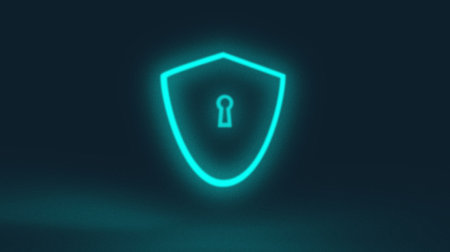 blue neon shield with keyhole 3d rendering illustration background new quality universal colorful cool nice stock imageの写真素材