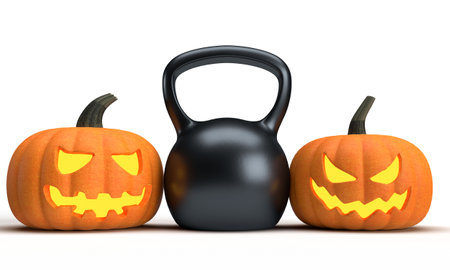 3D render of a kettlebell and pumpkins on white backgroundの写真素材