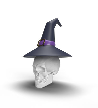 Skull in witch hat on white background. 3D illustration.の写真素材