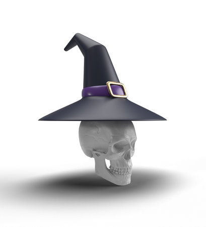 Skull in a witch's hat on a white background. 3d illustrationの写真素材
