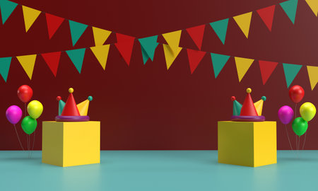 3d render of birthday party background with colorful balloons and confettiの写真素材
