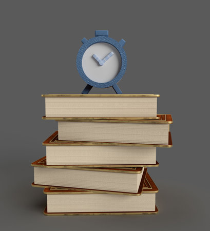 Alarm clock on stack of books. Education concept. 3d