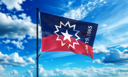 juneteenth flag blue sky cloudy white background wallpaper topview june month freedom africa american us usa flag juneteenth history emancipation federal awareness black history month patriotism juneの写真素材
