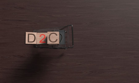 D2C business marketing strategy sale commerce consumer shopping store retail online direct financial management copy space shopping cart cube block wooden product plan brand work job digital plan d2cの写真素材