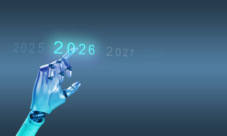 robot hand pointing finger touchscreen 2026 happy new year 2025 2027 year beginning start artificial...