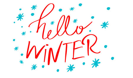 Hello winter season time text font calligraphy hand written lettering script red color blue color snow circle round snowflake merry christmas xmas happy new year banner poster december month event artのイラスト素材