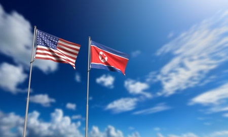 usa united state america us north korea flag waving blue sky cloudy white background wallpaper copy space country politic government russia china international economy agreementの写真素材