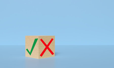 true false sign symbol cube block wooden copy space choice business decision wrong right false true no yes red green color vote checkmark ok reject true false no tick negative incorrect true falseの写真素材