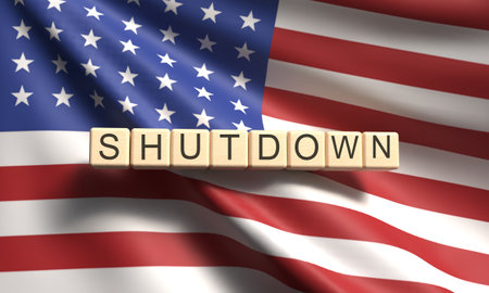 Shutdown cube block wooden square usa us united state america flag government politic usa us united state amerca closed shutdown america economy democracy law presidentの写真素材