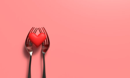 love heart shape fork food copy space red pink orange color background wallpaper copy space happy valentine day romantic day 14 fourteen day date wedding love heart shape relationship gift eventの写真素材