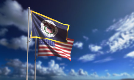 sa us united state america fed Federal Reserve System flag waving blue sky cloudy white background...
