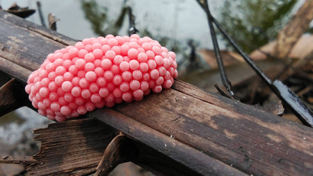 A cluster of bright pink snail eggs clung to a rotting log near the water's edge.の写真素材