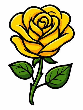 Bright and elegant cartoon illustration of a yellow rose with green leaves and a delicate, detailed petal design.のイラスト素材