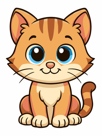 Cartoon illustration of a bright orange cat with bright green eyes, sitting and smiling.のイラスト素材