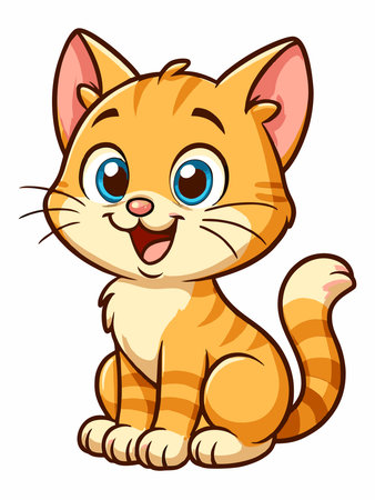 Cartoon illustration of a bright orange cat with bright green eyes, sitting and smiling.のイラスト素材